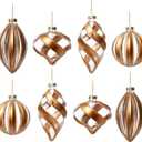 WDS WONDROUS Christmas Ball Ornaments Gold - Set of 8 Striped Glass Neutral Christmas Ornaments Set, Vintage Rustic Christmas Decor for Xmas Tree Home Party Holiday Farmhouse (Brown and Clear)