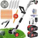 Electric Cordless Weed Wacker Battery Powered Eater,21V/4.0Ah Lightweight No-String Weed Trimmer with 2 Battery Operated& Wheels,3 in 1 Stringless Grass Trimmer/Edger/Brush Cutter for Garden Yard Lawn