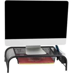 Mind Reader Monitor Stand, Ventilated Laptop Riser, Paper Tray, Storage, Office, Metal Mesh, 20"L x 11.5"W x 5.5"H, Black (Black)