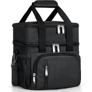 Insulated Lunch Bag for Men & Women, Double Leakproof Lunch Box Soft Cooler Tote with 5 Pockets, 600D Oxford, EVA Lining, Adjustable Strap for Work, Picnic, Beach&Travel-Black