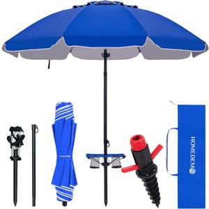 HOMEDEMO 7FT Beach Umbrella with Table & Anchor, Heavy Duty Windproof with UPF 50+ Sun Protection, Outdoor Umbrellas with Adjustable Aluminum Pole