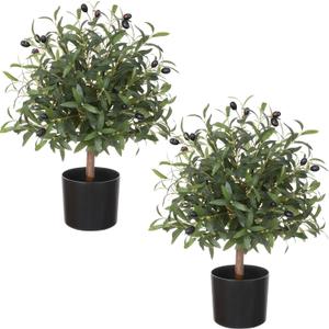 25.5 Tall Artificial Topiary Ball Olive Tree Set of 2 Pack, Olive Boxwood Topiary Ball Potted Bushes UV Resistant Potted Plants for Garden Indoor Outdoor Home Decor