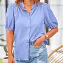 PRETTYGARDEN Women's 2026 Summer Button Down Shirts Short Lantern Sleeve V Neck Cotton Cute Tops Dressy Casual Blouses