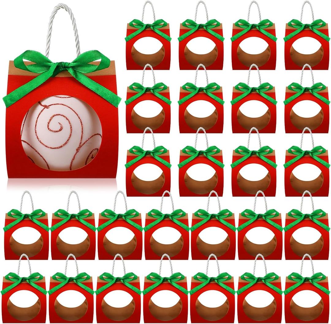 Roowest 100 Pcs Christmas Ornaments Balls Gift Boxes 4''x 4"x 4" Christmas Red Wrapping Packaging Boxes for 3.15'' Balls Ornament Apple Gift Container with Window Rope for Xmas Party Favors Supplies