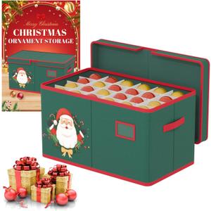 Christmas Ornament Storage Box Christmas Ornament Organizer Storage with Adjustable Dividers Fit 96 of 3 Inch 600D Oxford Fabric Ornaments Storage Container for Holiday Decorations (Green)