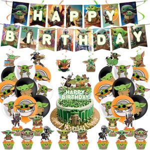Yoda Birthday Party Decorations, 1 Banner, 18 Balloons, 1 Big Cake Topper, 12 Cake Topper,6 Hanging Swirls for Fans