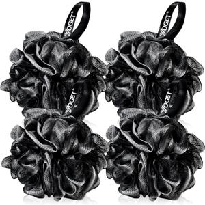 Yoget Bath Loofah Sponge, 4 Pack Black 60G Shower Mesh Ball Soft Pouf Body Scrubber, Exfoliate, Cleanse, Soothe Skin, Black Loofah with White Trim