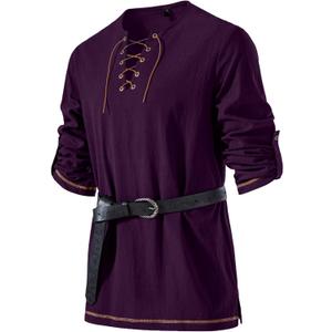 JEMITOP Men's Pure Cotton Vintage Lace Up Shirts for Pirate Renaissance Viking Medieval Costume Without Belt (Medium, Purple)