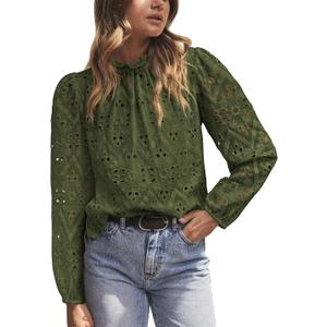 PRETTYGARDEN Tops for Women 2026 Spring Long Sleeve Blouses Dressy Casual Embroidered Eyelet Shirts Fall Going Out Outfits (XXL)