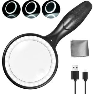 Magnifying Glass with Light | Hands-Free Illuminated Magnifier for Close Work, Reading & Hobbies | Adjustable LED Glasses with 3 Lenses (Black)