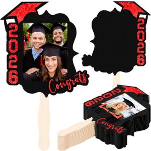 24 Pcs Personalized Graduation Fans Custom Photo Cutout Face Fans with Handle Double Sided Class of 2026 Grad Photo Props Grad Party Supplies Blank DIY Frame for Graduation Party Souvenirs(Red)
