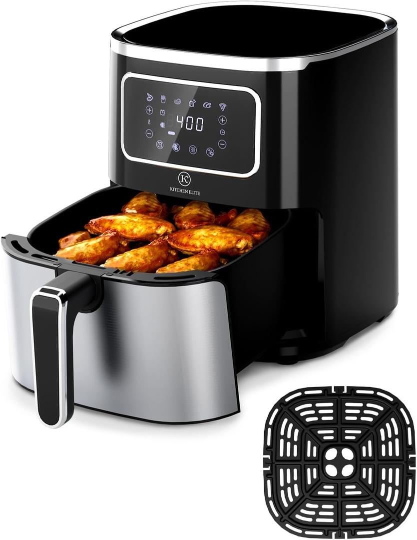 Kitchen EliteAir Fryer Oven 5.5Qt, 6 Presets Digital Display Compact Cooker,Space-saving, Nonstick & Dishwasher Safe Basket, Stainless Steel