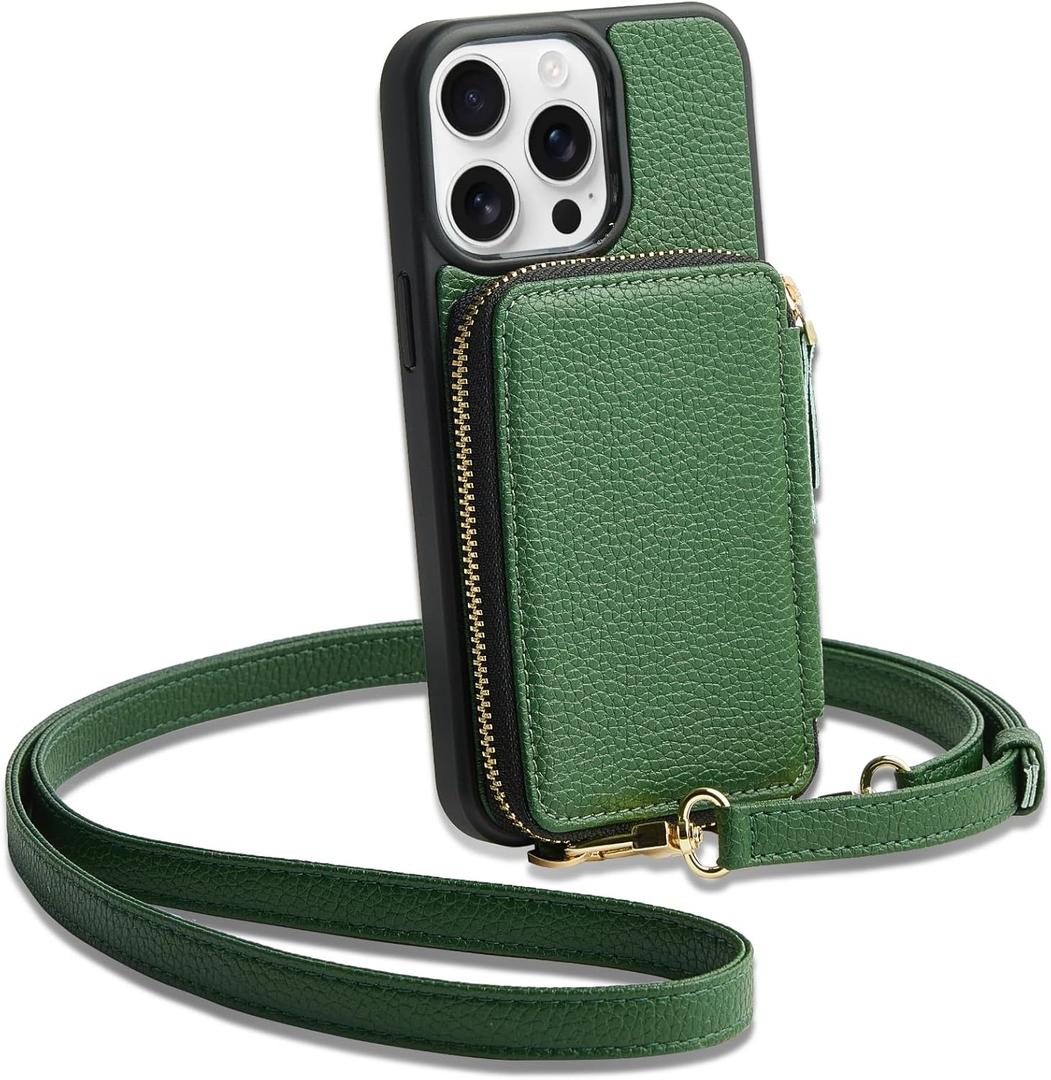 ZVE for iPhone 15 Pro Crossbody Wallet Case, Card Holder Phone Purse for Women, RFID Blocking Zipper Leather Cover with Wrist Strap for iPhone 15 Pro (6.1 inch)- Dark Green