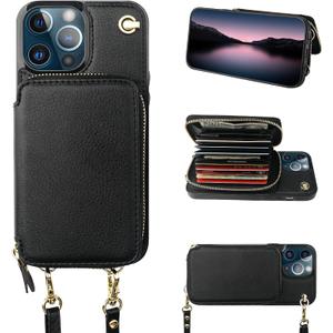 Bocasal Crossbody Wallet Case for iPhone 13 Pro, RFID Blocking Leather Purse Case with Card Holder, Protective Handbag Flip Cover with Zipper Wrist Strap Lanyard for Women 5G 6.1 Inch (Black)