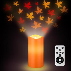Baquler Fall Maple Leaf Flameless Candles Projector Lights Thanksgiving LED Candle Fall Night Light with Remote and Timer Battery Operated Electric Gifts for Wedding Autumn Harvest Halloween Decor
