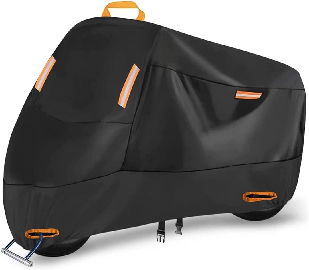 300D Heavy Duty Motorcycle Cover, SECELES All Season Durable Waterproof Outdoor Protection Scooter Cover 4 Reflective Tape Lock-Holes fits up to 86" Yamaha Honda Suzuki (XXL: 86" x 37" x 50") (Black)