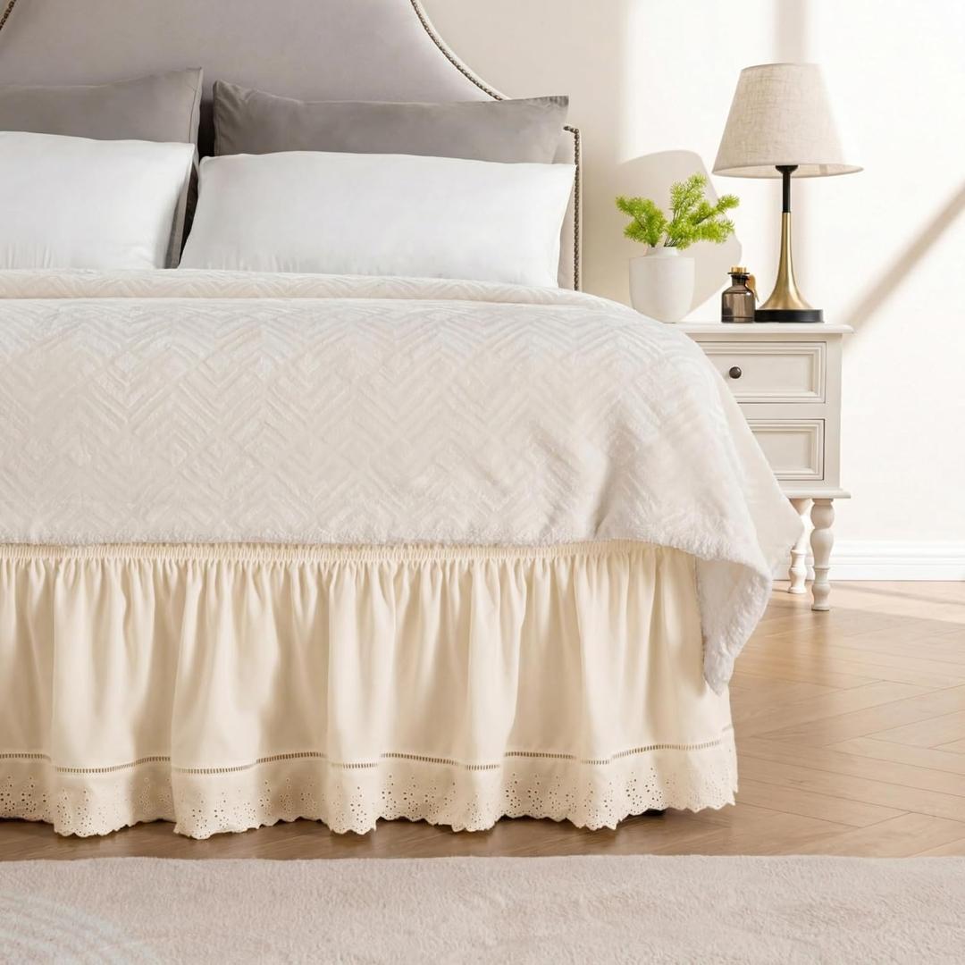 MIYE Wrap Around Ruffled Lace Bed Skirt, Elastic Dust Ruffle with Adjustable Belts, Easy to Put On, Bed Frame Cover, Machine Washable (Embroidered/Light Beige, King/Queen-15 Drop)