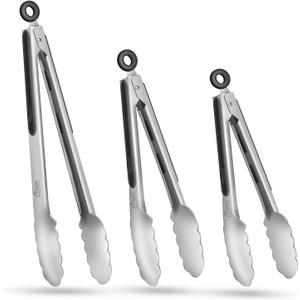 HOTEC Stainless Steel Kitchen Tongs Set of 3-7", 9" and 12", Locking Metal Food Tongs Non-Slip Grip