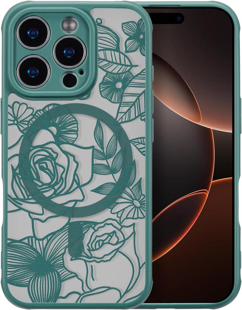XIZYO Magnetic Case for iPhone 16 Pro Floral Rose Cute Phone Case [Compatible with Magsafe] for Women Girls Aesthetic Pattern Slim TPU Shockproof Bumper Cover, Deep Green