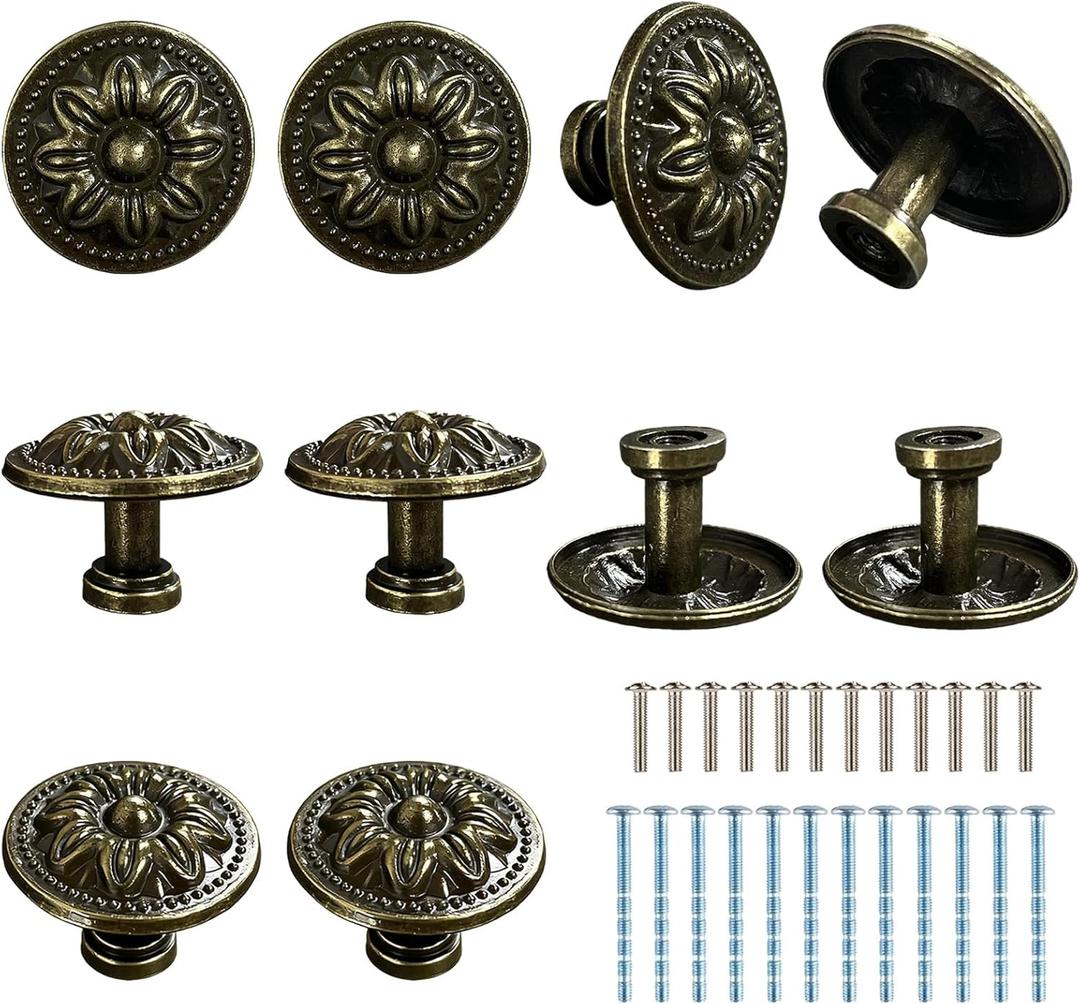 10 PCS Vintage Cabinet Knobs, Vintage Drawer Knobs(32mm/1.25 Inch), Round Flower Dresser Knobs with 20 Screws, Kitchen Cabinet Knobs Pull for Cabinet Hardware Cupboard Dresser Single Hole