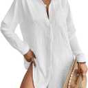 Bsubseach Swimsuit Coverup for Women Button Down Beach Cover Ups Long Sleeve Shirt Dress Modern Blouse Top White S