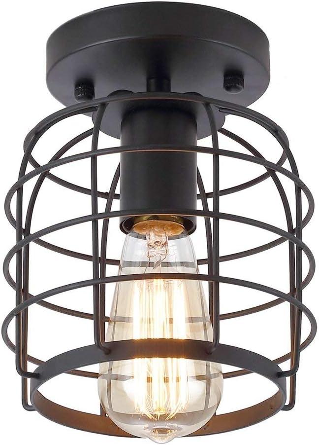 Create For Life Industrial Vintage Flush Mount Ceiling Light,Rustic Metal Cage Pendant Lighting Lamp Fixture for Hallway Stairway Kitchen Garage, E26, Black Painting Finish (1 pack black)