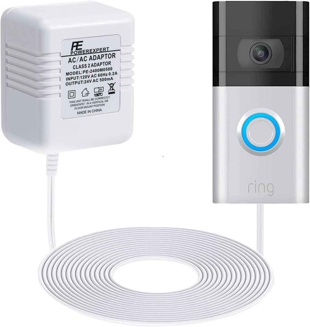 Doorbell Transformer 24V Adapter for Ring Video Doorbell, 16.4ft Long C Wire Power Supply, Compatible with Ring, Nest Hello, Wyze and Eufy Video Doorbells