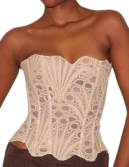 Seyumixi Floral Lace Corset Top for Women Sweetheart Neck Strapless Bustier Hollow Out Textured Mesh Overbust Corset (L, Tie Up Brown)