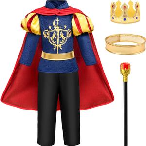 G.C Boys King Prince Charming Costume with Cape Kids Royal Dress Up Outfits Halloween Cosplay Role Play Birthday Gifts (140 7-9 years)