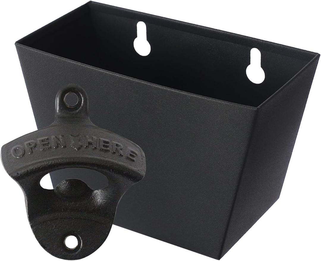 Black Cast Iron Bottle Opener Wall Mounted Beer Top Opener with Cap Catcher Set