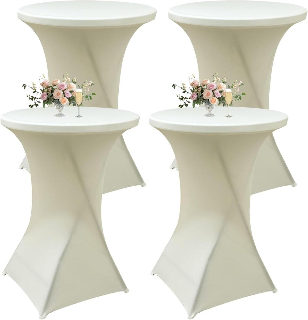 4Pack Ivory Cocktail Table Cover 32x43 Inch Fitted Stretch Cocktail Tablecloth for Round Table Top Cover High Top TableCloths for Party Bar Pub Wedding