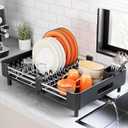 Urackify Stainless Steel Dish Drying Rack - Dish Drainer for Kitchen Counter, Extendable Drainboard with Foldable, Space-Saving Cup & Bowl Organizer, Includes Knife and Utensil Holder, Black, Large