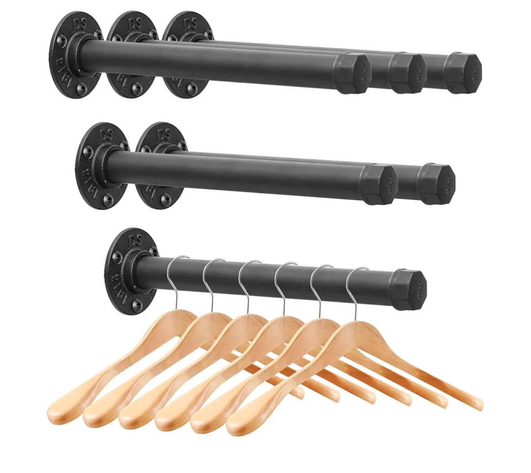 Cast Iron Wall Mounted Clothes Rack, Heavy Duty Industrial Pipe Clothing Rack for Hanging Clothes, Garment Racks for Wardrobe Organizers and Storage, DIY Closet Rods Closet Bar (Black 6 Pack, 12 in)