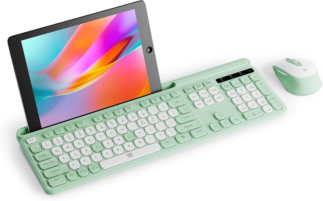 Wireless Keyboard and Mouse Combo for Windows & Mac OS, Full-Size Keyboard and Mouse Colorful with USB Receiver&Phone Cradle for Laptop Computer MacBook, GreenWhite