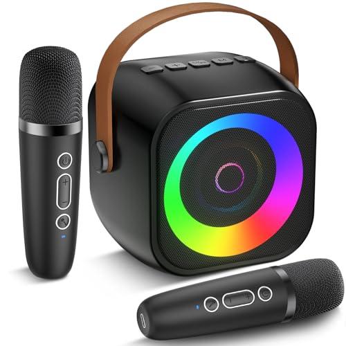Mini Karaoke Machine, Portable Bluetooth Speaker with 2 Wireless Microphones for Kids & Adults, Karaoke Microphone with LED Lights, Gifts for Girls & Boys