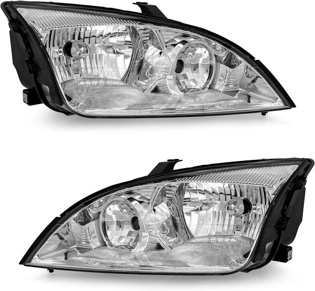 2005-2007 Ford Focus Headlight Assembly for 2005 2006 2007 Ford Focus Clear Lens Chrome Housing with Clear Reflector Headlamp Replacement Left and Right Pair