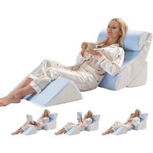 4PCS Bed Wedge Pillow for Sleeping and Sitting Up, Orthopedic Memory Foam Pillow Set for Back Pain, Post Surgery Recovery, Acid Reflux, GERD Relief, Triangle Shape, Blue White