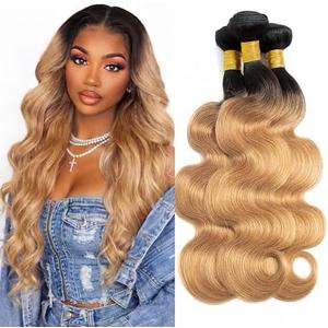 Body Wave Human Hair Bundles T1B/27 Ombre Honey Blonde 16 18 20 Inch Brazilian Virgin Remy 3 Bundles 2 Tone Black to Honey Blonde Hair Extensions