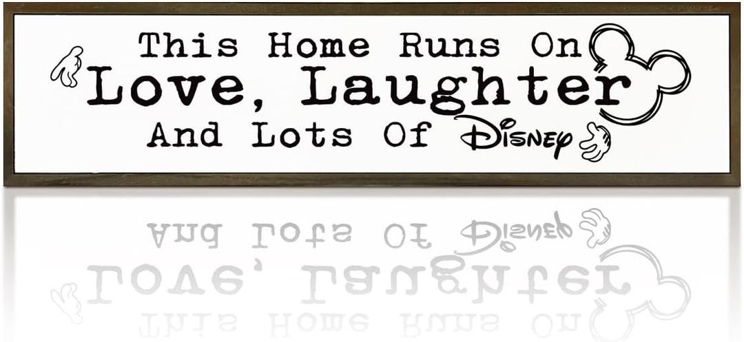 WKYAER Home Sign Decor, Rustic Table Decor, Farmhouse Wall Decoration for Homes Front Door Porch Entryway, Housewarming Gift for Disney Lover, This Home Runs On Love, Laughter and Lots of Disney Sign, 17.8x4x1.2 inches