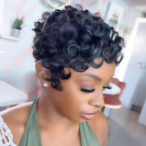 VRZ Pixie Cut Wig Human Hair for Black Women Short Curly Pixie Cut Wigs Human Hair Glueless Full Machine Made for Daily Use Easy to Wear and Go Wig C10#BL Black Color
