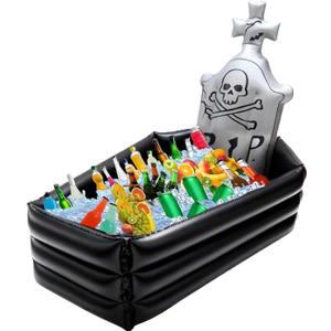 44Inch Inflatable Coffin Cooler Ice Chest Buffet Coffin Tombstone Ice Bucket for Drinks 100+ Cans Large Capacity Drink Beverage for Halloween Party Spooky Decor Picnic Barbecue Party(Tombstone Cooler)