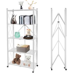 5 Tier Folding Shelf with Wheels, Metal Steel Collapsible Shelves, No Assembly Portable Shelves Organizer Rack, Rolling Standing Utility Rack for Kitchen, Pantry, Office, White