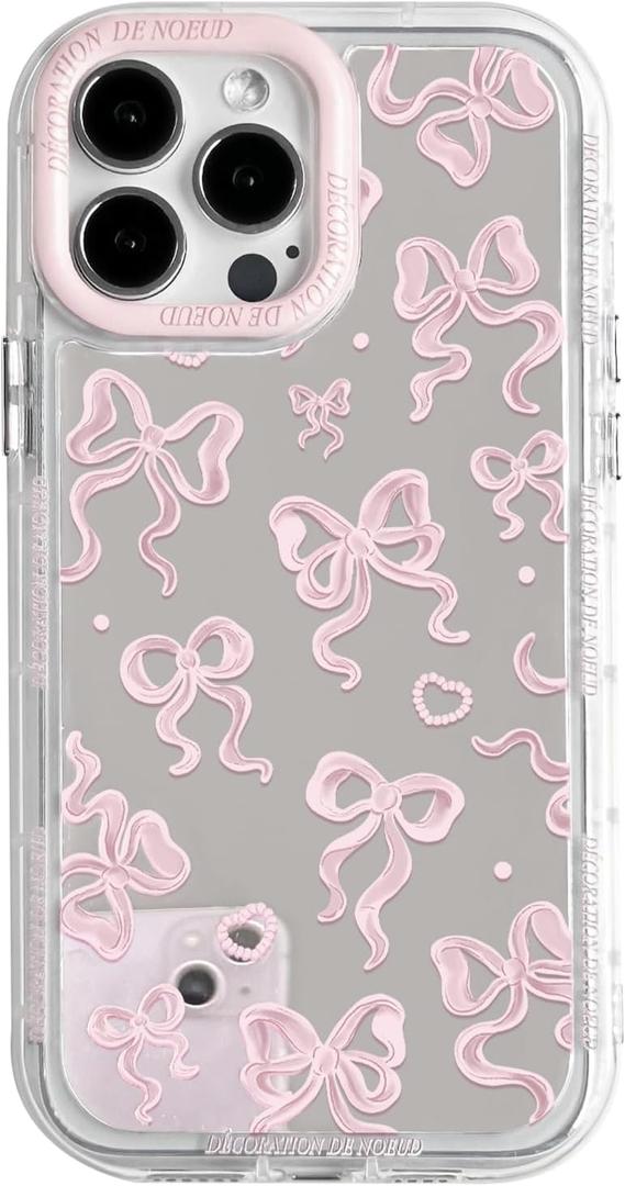 NITITOP Compatible with iPhone 15 Pro Case Cute Mirror Bow Love Heart Pattern for Women Girls Ribbon Design Shockproof Silver Protective Phone Cover - Light Pink Bow