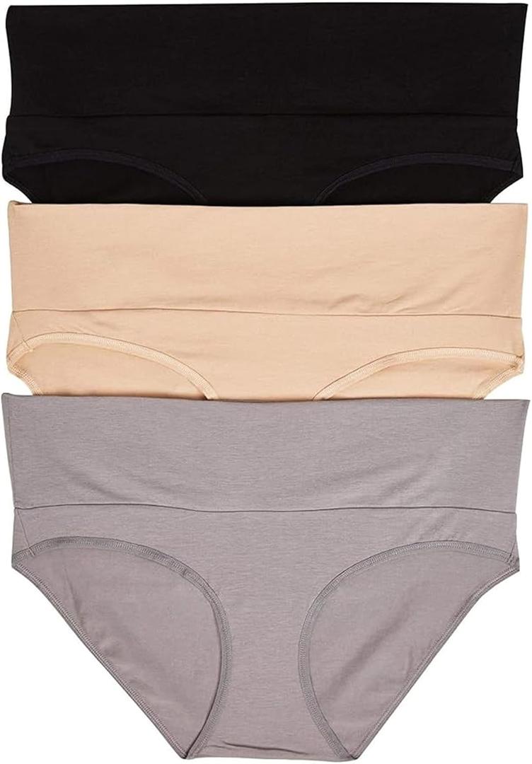 Motherhood Maternity Women's 3 Pack Maternity Panties  Foldover and Bikini Style Underwear for Pregnancy (Medium, Black, Nude, Flat Grey/Multi Pack)