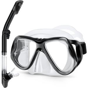 Greatever Dry Snorkel Set,Panoramic Wide View Anti-Fog Scuba Diving Mask,Professional Snorkeling Gear for Adults Kids (Large, White Black)