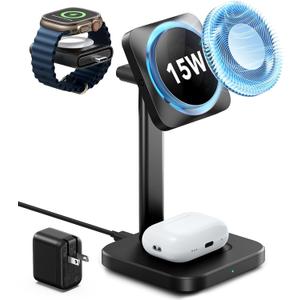ESR for MagSafe Charger Stand, 3 in 1 Charging Station with CryoBoost, Phone-Cooling Wireless Charging, 15W MagSafe Stand, for iPhone 17/16/15/14/13/12, AirPods, Apple Watch, Black