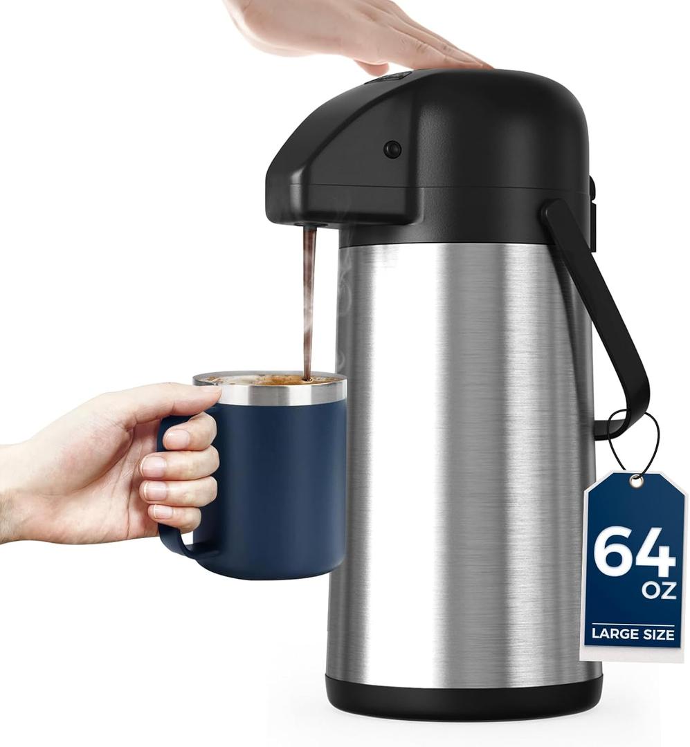 Coffee Carafe for Keeping Hot - Gezoss 64OZ / 1.9L Airpot Coffee Dispenser with Pump - Large Coffee Carafe for Hot Drinks Tea Liquid - Insulated Stainless Steel Hot Water Beverage Urn for Parties