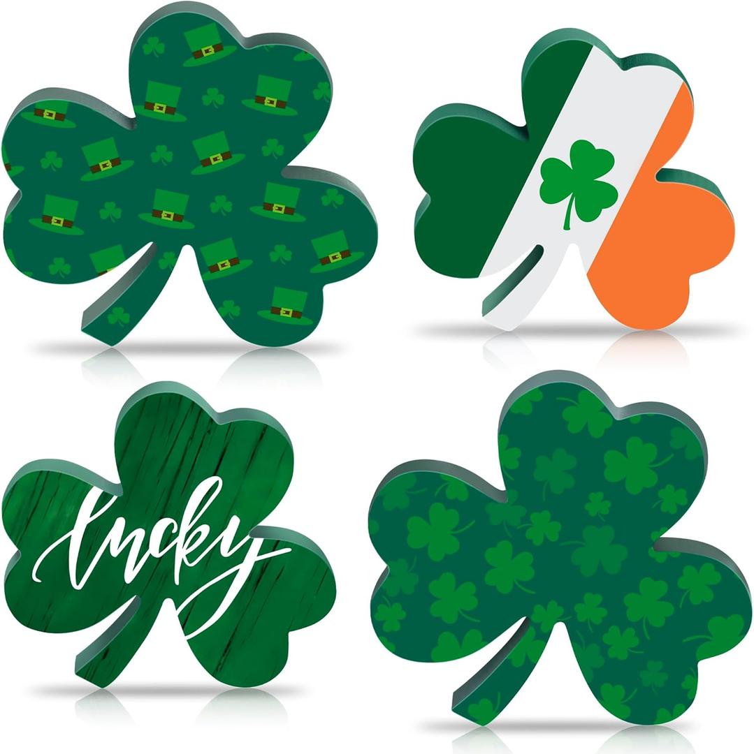 St Patricks Day Wooden Shamrock Decoration, 4-Piece Set of St. Patrick's Day Tabletop or Tray Multi-Layer tiered tray decor Tray Decoration, shamrock decorations, Office Decor, Green04