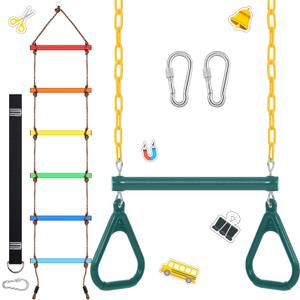 2 Pack Gym Swing Sets 48'' Trapeze Swing Bar Monkey Bar Heavy Duty Chain with Locking 6.8ft Climbing Rope Ladder Climbing Game for Accessories Tree House Playground Outdoor Play(Green)