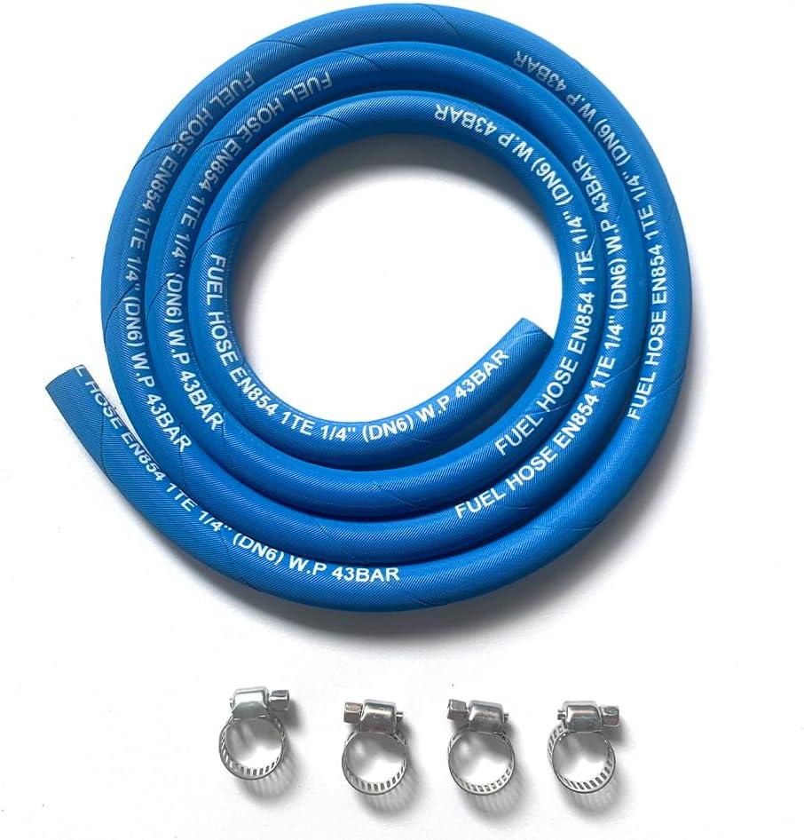 Fuel Line Hose 4AN 1/4" High Pressure Hose 2.8Mpa 400PSI 6mm 5FT for Fuel Systems Engines Tube Hose Blue (Attached Hose Clamp)